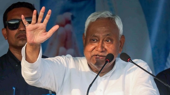 Bihar Chief Minister Nitish Kumar addresses the election rally for the Bihar assembly elections, in Muzaffarpur on Tuesday. (ANI)