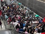 Major hubs in Bengaluru like Majestic and Kengeri saw long queues, and trains were filled to capacity. Major hubs in Bengaluru like Majestic and Kengeri saw long queues, and trains were filled to capacity.