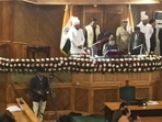 The autumn session of the Jammu and Kashmir assembly began in Srinagar on Thursday morning with Speaker Abdul Rahim Rather reading out the obituary references. Chief minister Omar Abdullah is seated on the extreme left. (HT Photo)