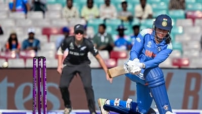 Smriti Mandhana scored her first century of the Women's World Cup 2025 edition, playing a knock of 109 runs off 95 balls. This was her fifth century this year and 14th ton overall. She now holds the second spot in the list of most ODI centuries in women's cricket, going past Suzie Bates. (Raju Shinde) Smriti Mandhana scored her first century of the Women's World Cup 2025 edition, playing a knock of 109 runs off 95 balls. This was her fifth century this year and 14th ton overall. She now holds the second spot in the list of most ODI centuries in women's cricket, going past Suzie Bates. (Raju Shinde)