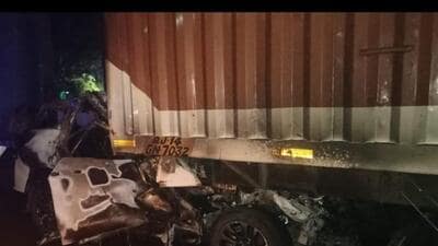 As soon as it hit the truck, the car caught fire, and because it was trapped under the vehicle, the victims had no chance to escape, police said. (HT Photo) As soon as it hit the truck, the car caught fire, and because it was trapped under the vehicle, the victims had no chance to escape, police said. (HT Photo)