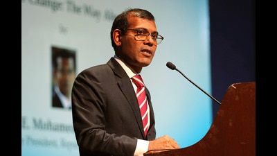 Former Maldives President Mohamed Nasheed delivers a lecture on climate change in New Delhi, India. Nasheed has been injured in a blast Thursday, May 6, 2021 near his home and was being treated in a hospital in the capital, police said. (AP)