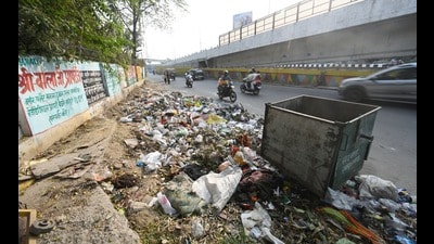 Garbage dump at the roadside near Polytechnic crossing, in Lucknow, on Thursday. (HT Photo)