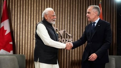 India's Prime Minister Narendra Modi, left, and Canada's Prime Minister Mark Carney shake hands during a meeting at the G7 Summit in Kananaskis, Alberta, on June 17, 2025. (AP) India's Prime Minister Narendra Modi, left, and Canada's Prime Minister Mark Carney shake hands during a meeting at the G7 Summit in Kananaskis, Alberta, on June 17, 2025. (AP)