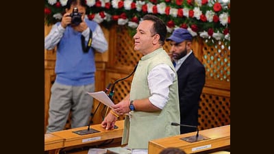Leader of opposition Sunil Sharma presenting his point during the assembly session in Srinagar. (Waseem Andrabi /HT) Leader of opposition Sunil Sharma presenting his point during the assembly session in Srinagar. (Waseem Andrabi /HT)