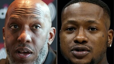 Head coach Chauncey Billups of the Portland Trail Blazers on July 21, 2025 in Portland, Oregon and Terry Rozier on December 29, 2022 in Charlotte, North Carolina. Billups and Rozier were arrested separately on October 23, 2025, as part of a federal investigation into an illegal gambling probe. (AFP)