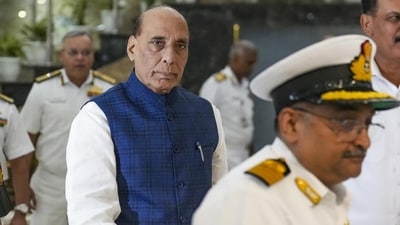 Union Defence Minister Rajnath Singh arrives for the ‘Commanders’ Conference 2025’ at Nausena Bhawan, in New Delhi, on Thursday. (PTI) Union Defence Minister Rajnath Singh arrives for the ‘Commanders’ Conference 2025’ at Nausena Bhawan, in New Delhi, on Thursday. (PTI)
