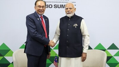 Prime Minister Narendra Modi during a bilateral meeting with Prime Minister of Malaysia Dato' Seri Anwar Ibrahim on the sidelines of the BRICS Summit in Brazil. (PTI)