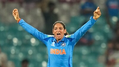 India's Harmanpreet Kaur celebrates after India seal semis berth in the Women's World Cup following a 53-run win over New Zealand. (PTI) India's Harmanpreet Kaur celebrates after India seal semis berth in the Women's World Cup following a 53-run win over New Zealand. (PTI)