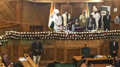 The autumn session of the Jammu and Kashmir assembly began in Srinagar on Thursday morning with Speaker Abdul Rahim Rather reading out the obituary references. Chief minister Omar Abdullah is seated on the extreme left. (HT Photo) The autumn session of the Jammu and Kashmir assembly began in Srinagar on Thursday morning with Speaker Abdul Rahim Rather reading out the obituary references. Chief minister Omar Abdullah is seated on the extreme left. (HT Photo)