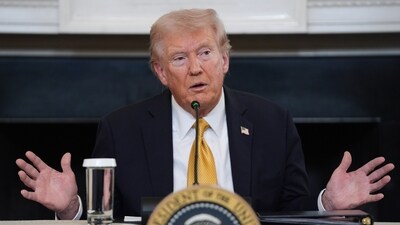 President Donald Trump answers questions from reporters during a roundtable on criminal cartels in the State Dining Room of the White House, Thursday, Oct. 23, 2025, in Washington. (AP)