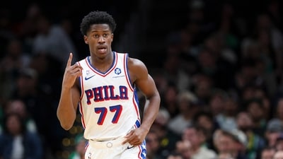 VJ Edgecombe #77 of the Philadelphia 76ers reacts after a basket in the third quarter of the game against the Boston Celtics (Getty Images via AFP) VJ Edgecombe #77 of the Philadelphia 76ers reacts after a basket in the third quarter of the game against the Boston Celtics (Getty Images via AFP)