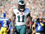 AJ. Brown (11) reacts against the Los Angeles Rams during the second half at Lincoln Financial Field