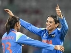 India’s Smriti Mandhana celebrates with Harmanpreet Kaur during ICC Women's ODI World Cup against Zealand. (PTI)