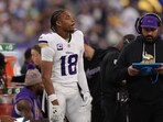 Minnesota Vikings wide receiver Justin Jefferson (18) stands on the sideline during the first half vs Chargers Minnesota Vikings wide receiver Justin Jefferson (18) stands on the sideline during the first half vs Chargers