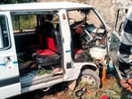The car that hit the roadside retaining wall in Kangra. The car that hit the roadside retaining wall in Kangra.