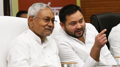 Bihar chief minister Nitish Kumar with RJD's Tejashwi Yadav in Patna, Bihar. (Santosh Kumar /HT file)