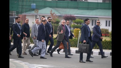Chief minister Omar Abdullah arrives for the Rajya Sabha elections in Srinagar on Friday. (Waseem Andrabi /HT) Chief minister Omar Abdullah arrives for the Rajya Sabha elections in Srinagar on Friday. (Waseem Andrabi /HT)