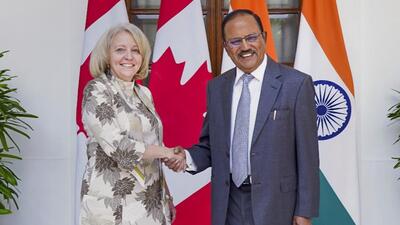 India’s NSA Ajit Doval met his Canadian counterpart Nathalie G. Drouin, in New Delhi, on September 18. (PTI) India’s NSA Ajit Doval met his Canadian counterpart Nathalie G. Drouin, in New Delhi, on September 18. (PTI)