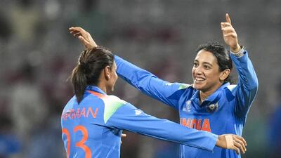 India’s Smriti Mandhana celebrates with Harmanpreet Kaur during ICC Women's ODI World Cup against Zealand. (PTI) India’s Smriti Mandhana celebrates with Harmanpreet Kaur during ICC Women's ODI World Cup against Zealand. (PTI)
