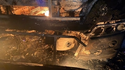 Charred remains of the bus in the Kurnool tragedy that occured on Friday morning leading to death of at least 20 people. (HT Photo/Sourced )