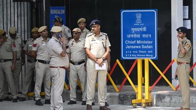 Police officials seen outside the residence of Delhi chief minister Rekha Gupta. (Sanchit Khanna/HT photo) Police officials seen outside the residence of Delhi chief minister Rekha Gupta. (Sanchit Khanna/HT photo)