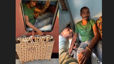 A clip showed a man resting on his belongings inside a train toilet, holding a folded cot from the window. (Instagram/mr.vishal_sharma_) A clip showed a man resting on his belongings inside a train toilet, holding a folded cot from the window. (Instagram/mr.vishal_sharma_)