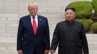 US President Donald Trump, left, meets with North Korean leader Kim Jong Un at the North Korean side of the border at the village of Panmunjom in Demilitarized Zone, on June 30, 2019. (AP File) US President Donald Trump, left, meets with North Korean leader Kim Jong Un at the North Korean side of the border at the village of Panmunjom in Demilitarized Zone, on June 30, 2019. (AP File)