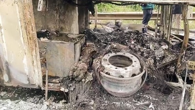 View of combusted bus after several people lose their lives as a bus burst into flames, near the Chinna Tekur village, in Kurnool on Friday. (ANI Video Grab)