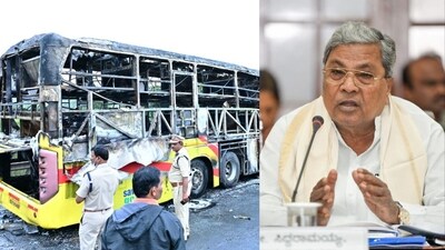 The bus, carrying 41 passengers from Hyderabad to Bengaluru, was completely gutted in the accident. The bus, carrying 41 passengers from Hyderabad to Bengaluru, was completely gutted in the accident.
