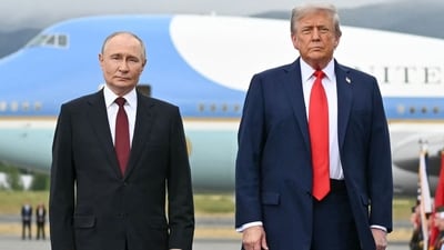US President Donald Trump (R) and Russian President Vladimir Putin pose on a podium on the tarmac after arrival at Joint Base Elmendorf-Richardson in Anchorage, Alaska, on August 15, 2025. (AFP) US President Donald Trump (R) and Russian President Vladimir Putin pose on a podium on the tarmac after arrival at Joint Base Elmendorf-Richardson in Anchorage, Alaska, on August 15, 2025. (AFP)