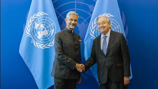 External affairs minister S Jaishankar with United Nations secretary general Antonio Guterres. (File Photo)