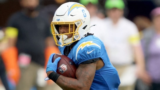 Los Angeles Chargers star Omarion Hampton rushes the ball during the second half of an NFL 2025 game against the Denver Broncos. (Getty Images via AFP)