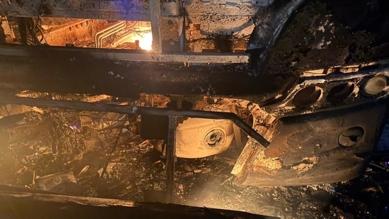 Charred remains of the bus in the Kurnool tragedy that occured on Friday morning leading to death of at least 20 people.(HT Photo/Sourced )
