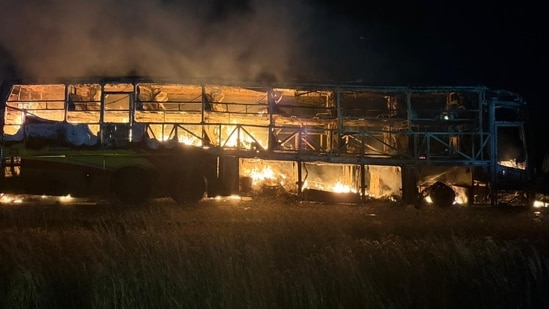Aftermath of bus tragedy in Andhra Pradesh's Kurnool after bus travelling from Hyderabad to Bengaluru caught fire(HT Photo/Sourced )