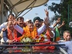 Jammu and Kashmir BJP President Sat Sharma arrives at the party office, a day after winning the Rajya Sabha election, in Jammu, on Saturday. (PTI)