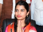 Singer Maithili Thakur greets as she joins the BJP during Milan Samaroh, in Patna