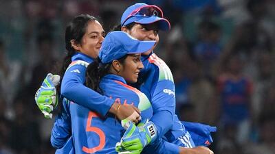 India players celebrate the fall of a wicket against New Zealand in the Women's Cricket World Cup game at DY Patil Stadium in Navi Mumbai on Thursday. (Raju Shinde/HT Photo) India players celebrate the fall of a wicket against New Zealand in the Women's Cricket World Cup game at DY Patil Stadium in Navi Mumbai on Thursday. (Raju Shinde/HT Photo)