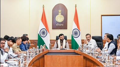 Haryana chief minister Nayab Singh Saini during a meeting in Chandigarh on Saturday. (ANI)