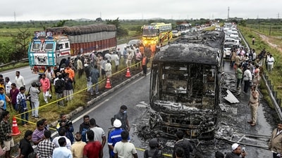 While the driver of the two-wheeler lost his life, the pillion rider, Erri Swamy, escaped with minor injuries. (PTI) While the driver of the two-wheeler lost his life, the pillion rider, Erri Swamy, escaped with minor injuries. (PTI)