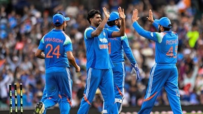 Harshit Rana of India celebrates taking a wicket. (PTI) Harshit Rana of India celebrates taking a wicket. (PTI)