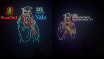 The drone show opened with a glowing “Happy Birthday Akash and Isha” message. (Instagram/@ambani_update) The drone show opened with a glowing “Happy Birthday Akash and Isha” message. (Instagram/@ambani_update)