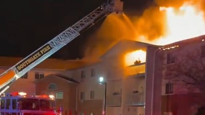 Units from all surrounding cities are reportedly assisting. Screengrab from video. (X/@LaszloRealtor) Units from all surrounding cities are reportedly assisting. Screengrab from video. (X/@LaszloRealtor)