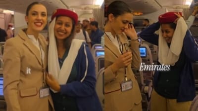 An Indian woman shared her joy after Emirates cabin crew let her wear their hat during her first flight. (Instagram/theanujakulkarni) An Indian woman shared her joy after Emirates cabin crew let her wear their hat during her first flight. (Instagram/theanujakulkarni)