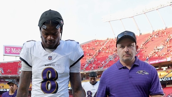 Lamar Jackson of the Baltimore Ravens walks off the field after the game against the Kansas City Chiefs. (Getty Images via AFP)