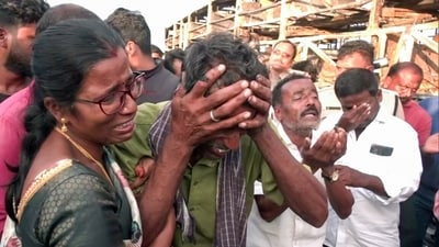 Family members mourn over the death of passengers in the combusted bus tragedy as a bus bursts into flames near the Chinna Tekur village, in Kurnool on Friday. (ANI Video Grab) Family members mourn over the death of passengers in the combusted bus tragedy as a bus bursts into flames near the Chinna Tekur village, in Kurnool on Friday. (ANI Video Grab)