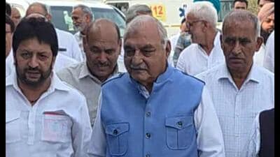 Bhupinder Singh Hooda, Leader of Opposition in the Haryana legislative assembly, in Karnal on Sunday. (HT)