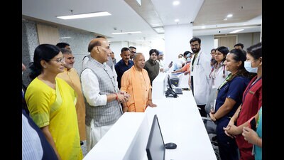 Defence minister Rajnath Singh and UP chief minister Yogi Adityanath at the private hospital in Ghaziabad on Sunday. (Sourced)