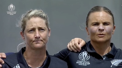 Sophie Devine fights back tears at the national anthem, alongside long-time teammate Suzie Bates. (Screengrab) Sophie Devine fights back tears at the national anthem, alongside long-time teammate Suzie Bates. (Screengrab)