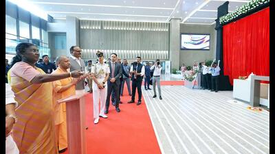 President Droupadi Murmu, UP CM Yogi Adityanath and deputy CM Brajesh Pathak and others at the inauguration of a private hospital in Ghaziabad on Sunday. (Sourced)